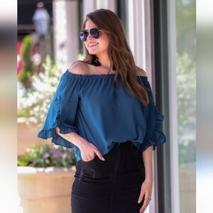 NWOT Jess Lea Aruba off the shoulder top women's size medium dark teal color
